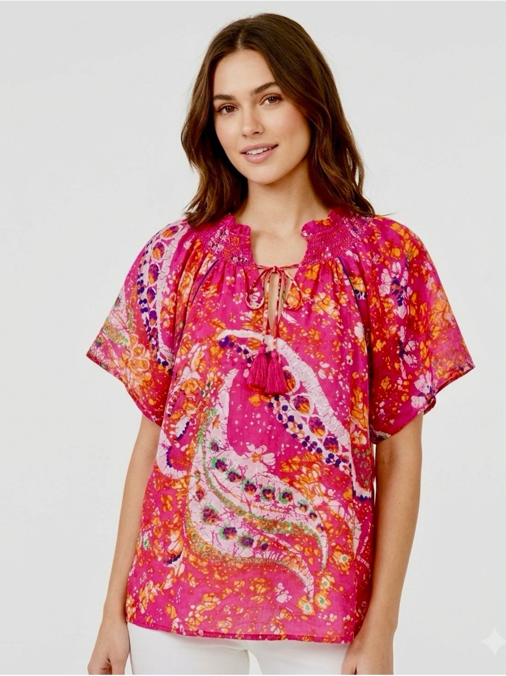 Cleobella Ayala Magenta Floral Boho Peasant Top Hibiscus 100% Cotton Small